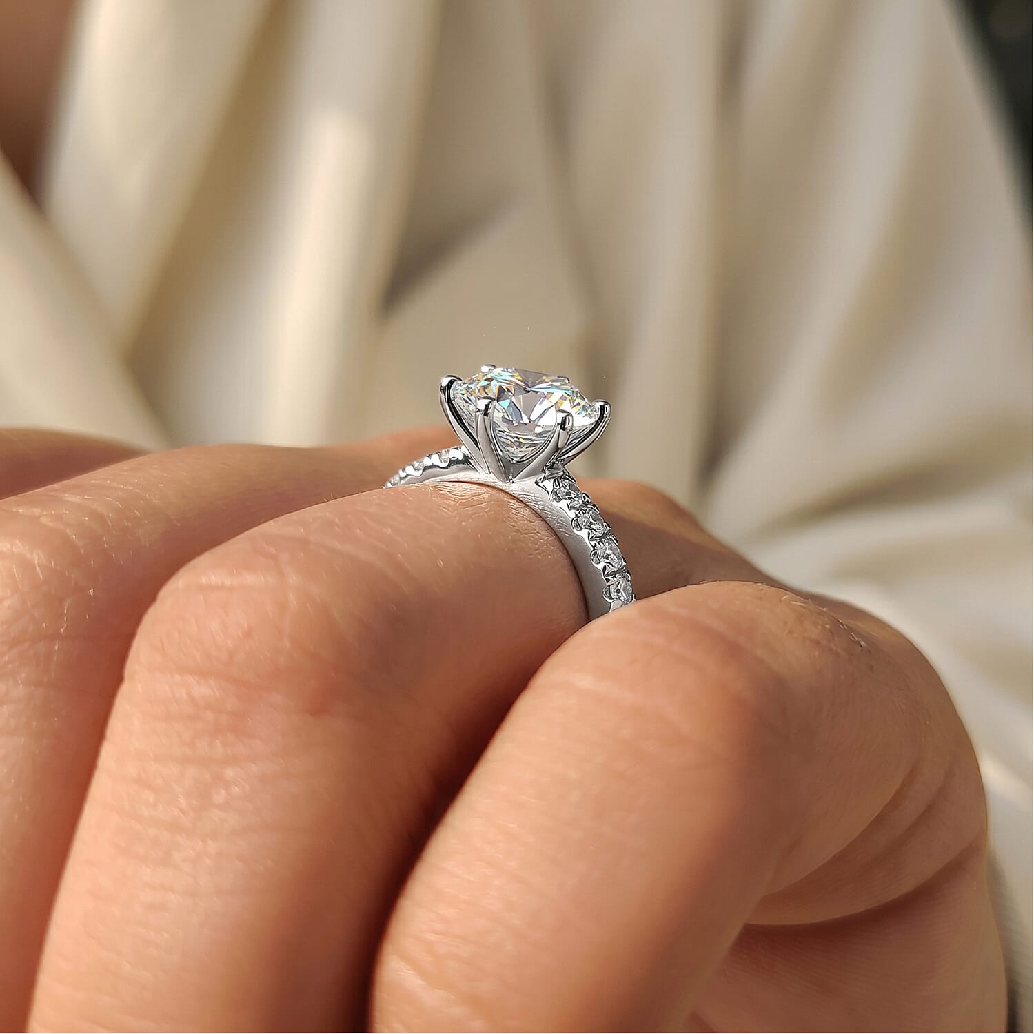 Royal Bali Collection - D'Joy Moissanite (120 Facets) Ring in Platinum Overlay Sterling Silver 2.96 Ct.