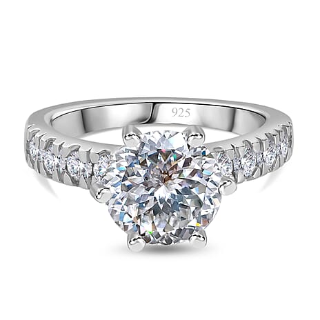 Moissanite (120 Facets) Ring in Platinum Overlay Sterling Silver 2.96 Ct.