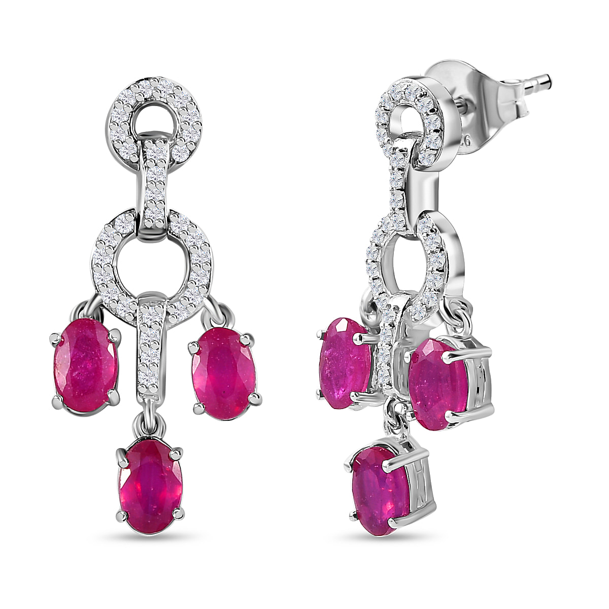 African Ruby & Natural Zircon Dangle Earrings in Platinum Overlay Sterling Silver 4.89 Ct
