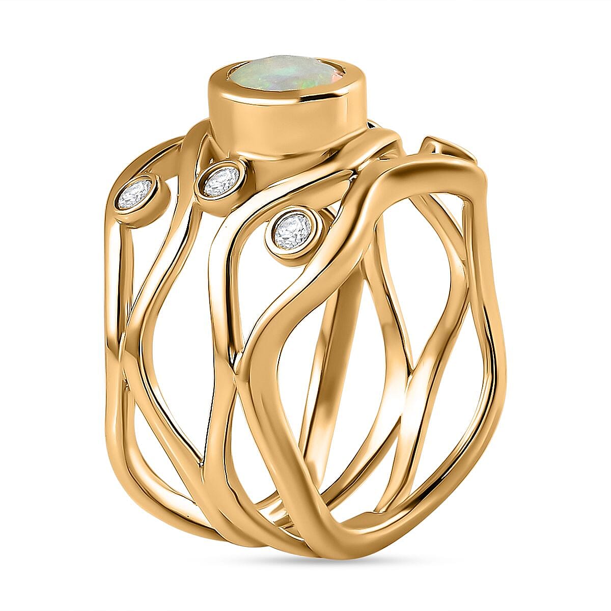 Ethiopian Welo Opal & Natural Zircon Ring in 18K Yellow Gold Vermeil Plated Sterling Silver 1.00 Ct, Silver Wt 6.00 GM Ethiopian Welo Opal & Natural Zircon Ring in 18K Yellow Gold Vermeil Plated Sterling Silver 1.00 Ct, Silver Wt 6.00 GM