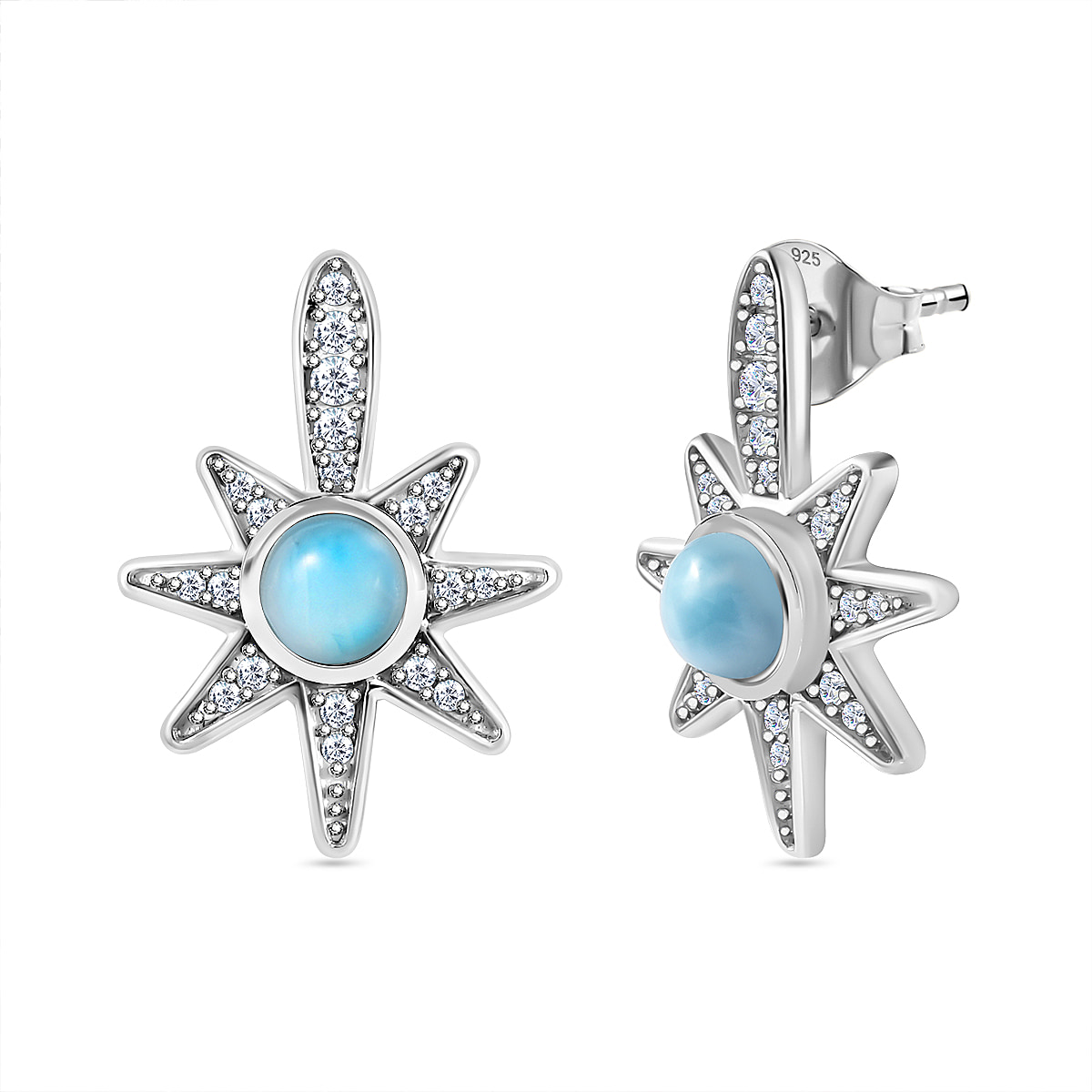 Larimar and Natural Zircon Star Earrings in Platinum Overlay Sterling Silver 1.60 Ct.