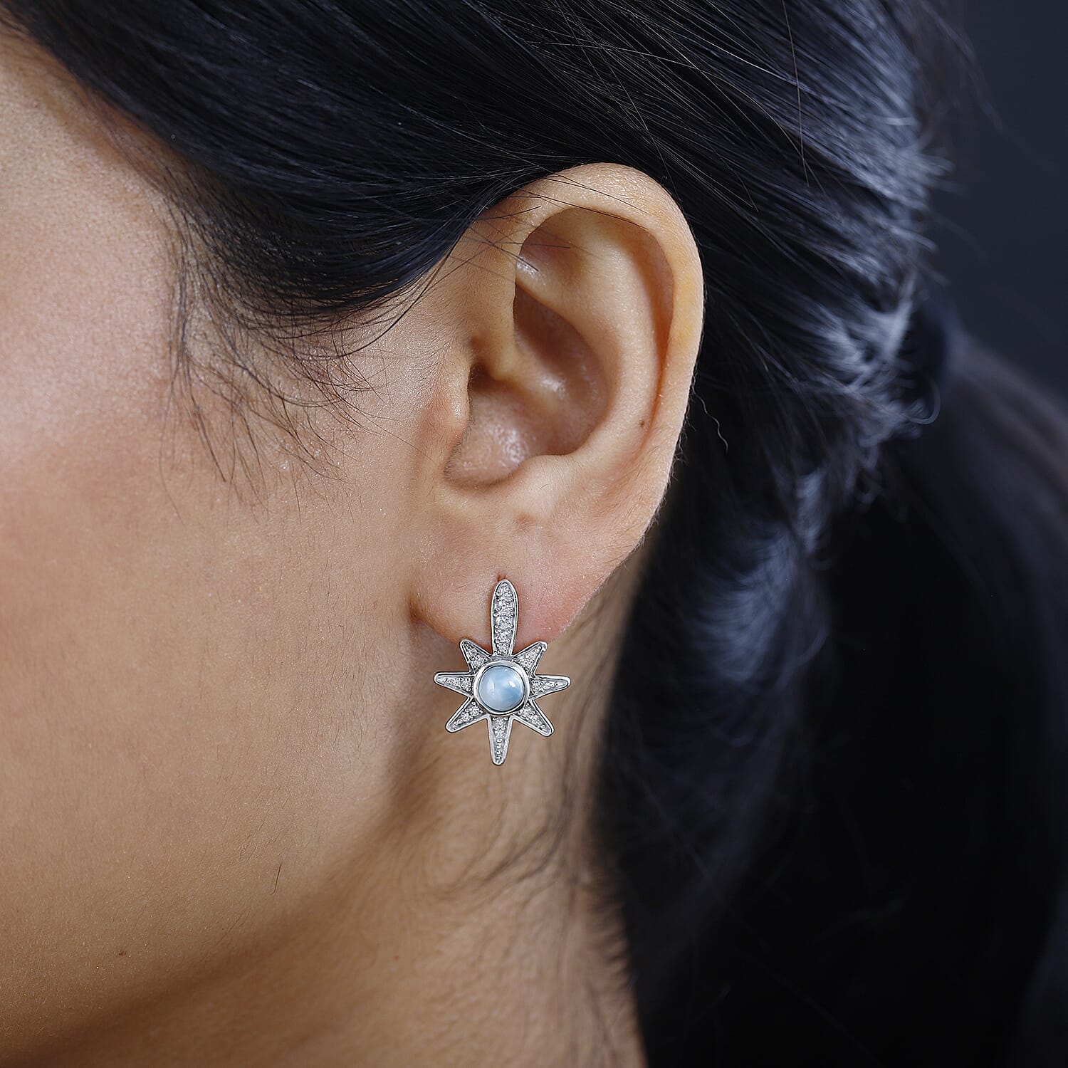 Larimar & Natural Zircon Earrings in Platinum Overlay Sterling Silver 1.60 Ct.