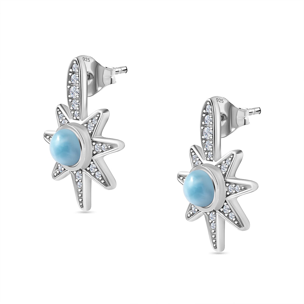 Larimar & Natural Zircon Earrings in Platinum Overlay Sterling Silver 1.60 Ct.
