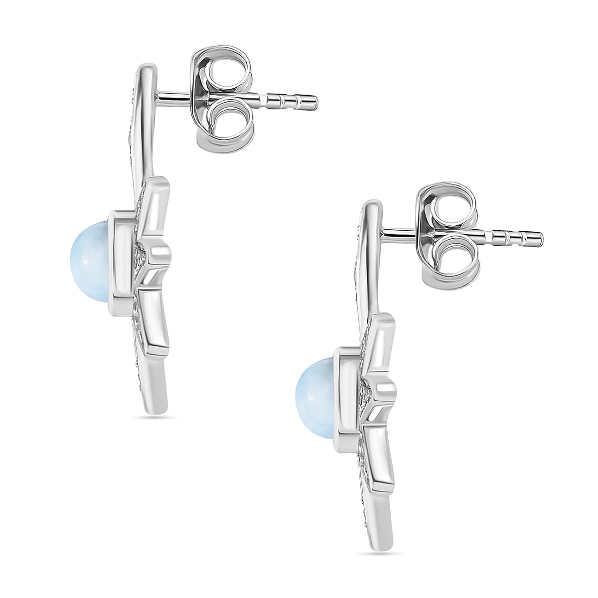 Larimar & Natural Zircon Earrings in Platinum Overlay Sterling Silver 1.60 Ct.
