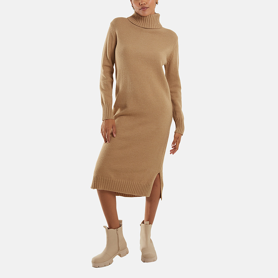 Nova of London Knit Roll Neck Midi Jumper Dress (Size S-M) - Beige