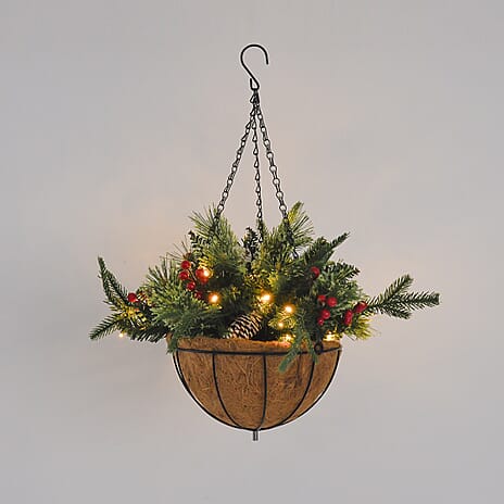 Lush Hanging Basket Decoration 93 Tips with Pinecones and Red Berries