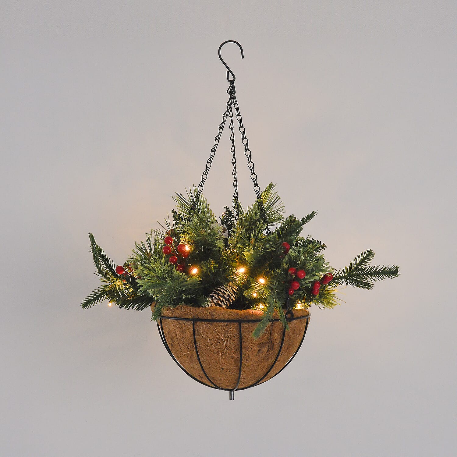 Lush Hanging Basket Decoration 93 Tips with Pinecones and Red Berries Lush Hanging Basket Decoration 93 Tips with Pinecones and Red Berries
