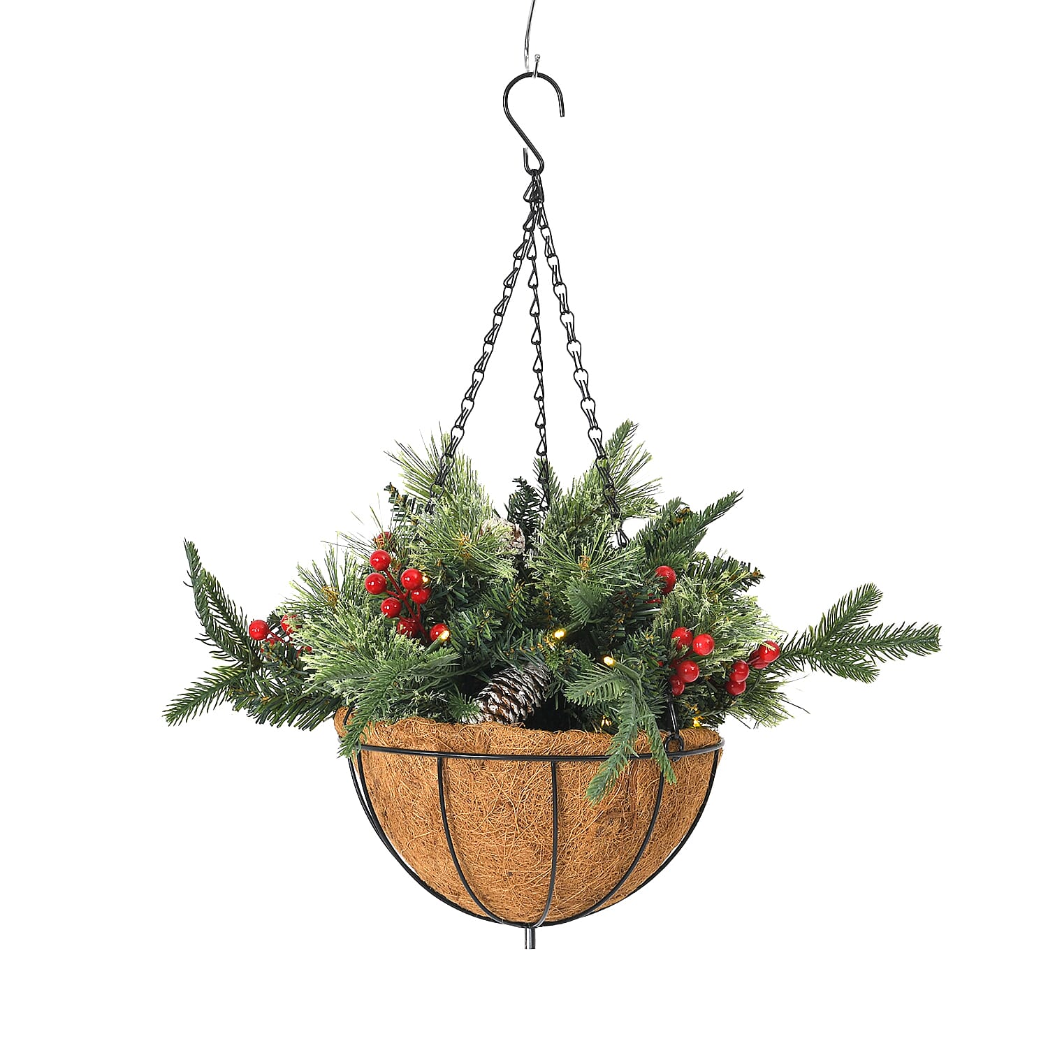 Lush Hanging Basket Decoration 93 Tips with Pinecones and Red Berries Lush Hanging Basket Decoration 93 Tips with Pinecones and Red Berries