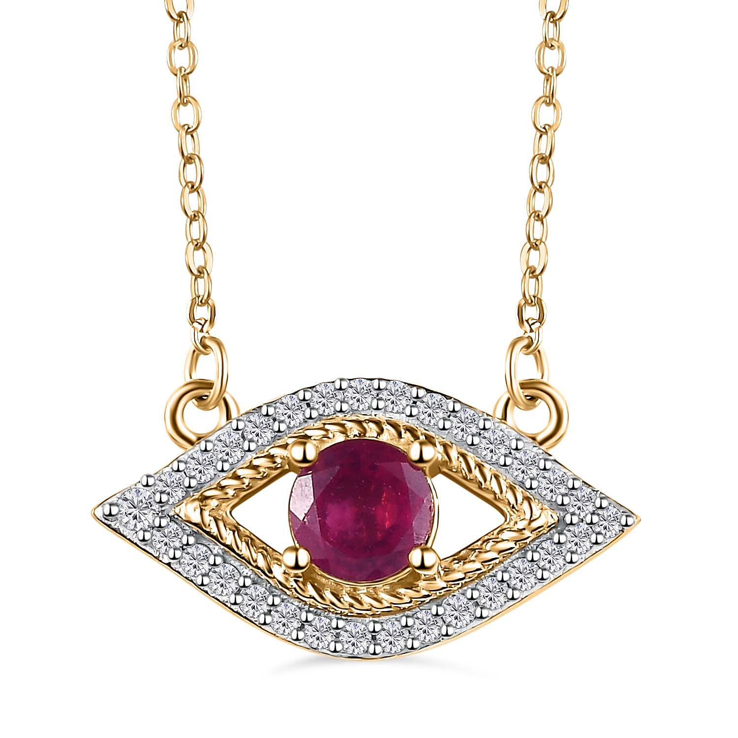 African Ruby & Natural Zircon Eye Necklace (Size - 20) in 18K Yellow Gold Vermeil Plated Sterling Silver 1.20 Ct.