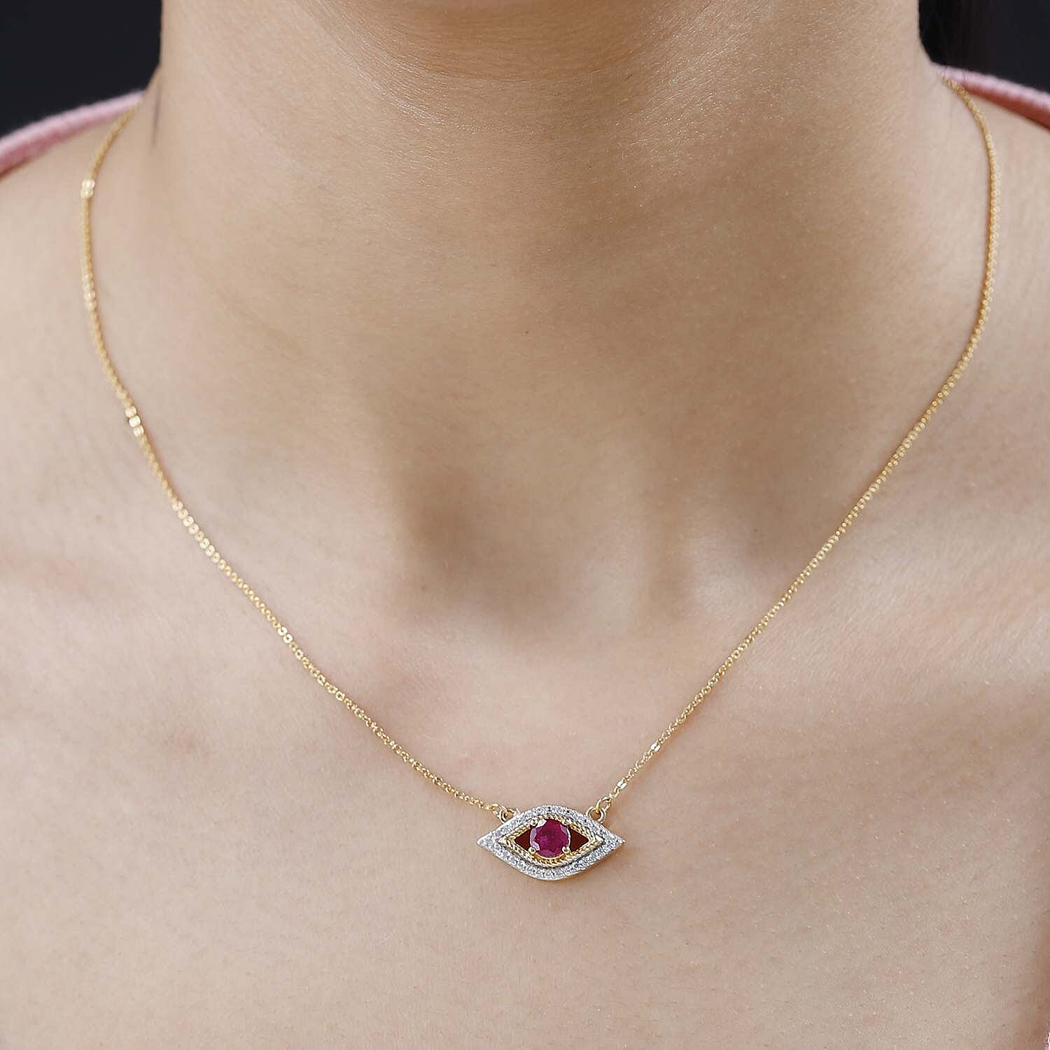 African Ruby & Natural Zircon Eye Necklace (Size - 20) in 18K Yellow Gold Vermeil Plated Sterling Silver 1.20 Ct.