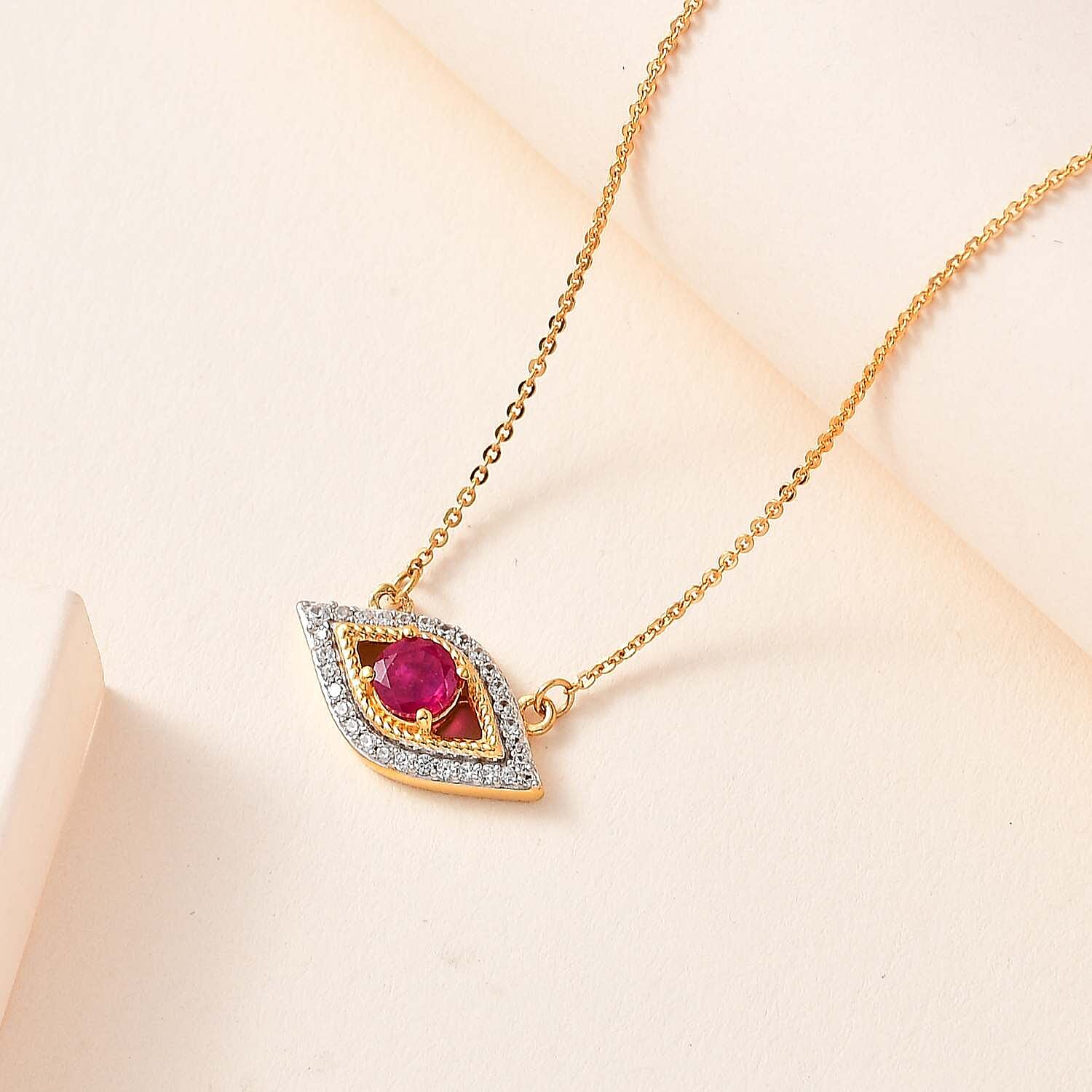 African Ruby & Natural Zircon Eye Necklace (Size - 20) in 18K Yellow Gold Vermeil Plated Sterling Silver 1.20 Ct.