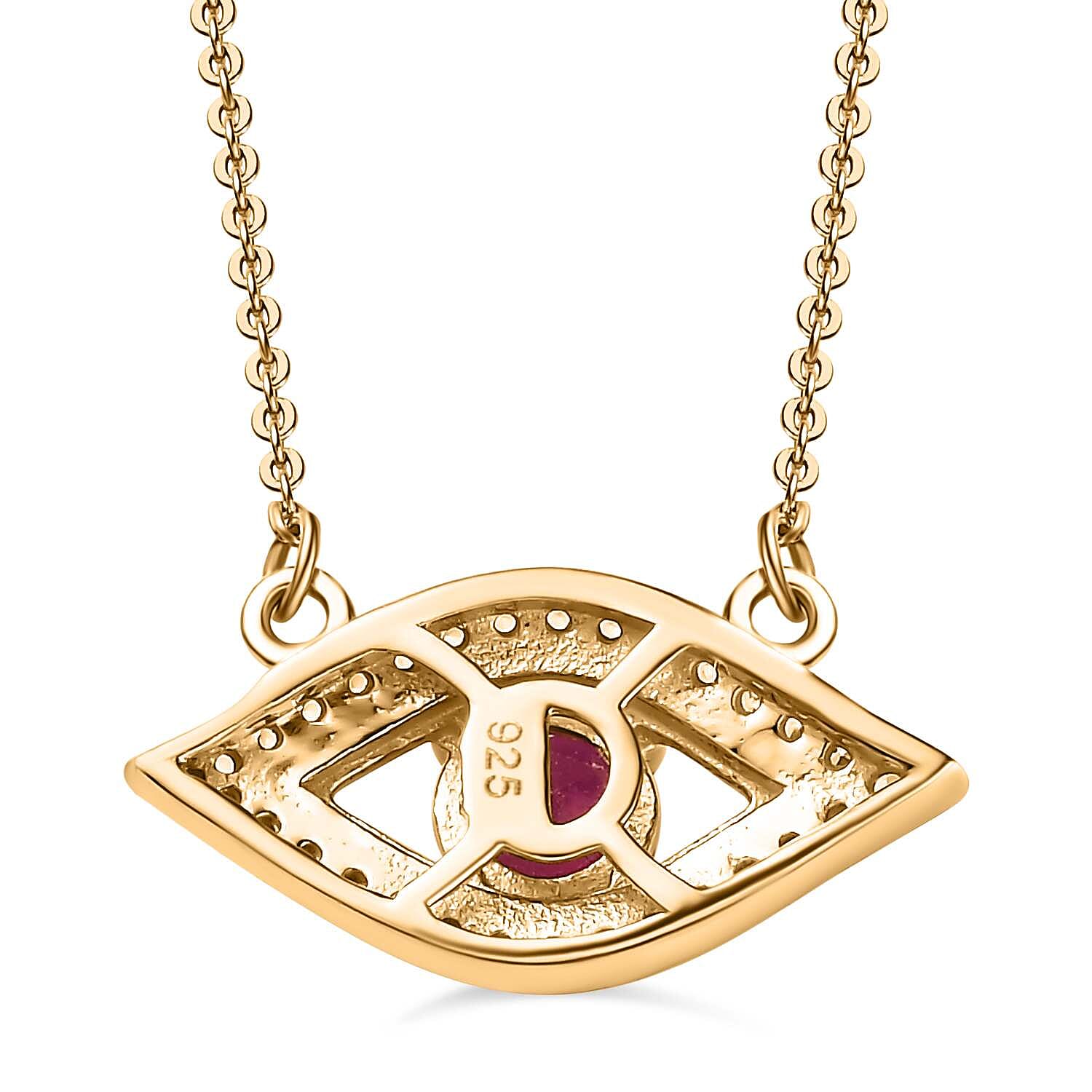 African Ruby & Natural Zircon Eye Necklace (Size - 20) in 18K Yellow Gold Vermeil Plated Sterling Silver 1.20 Ct.