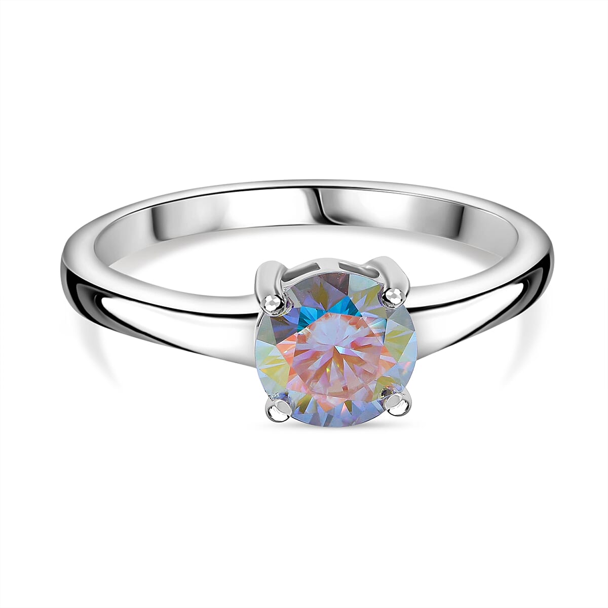 Dichroic Mist Moissanite Solitaire Ring in Rhodium Overlay Sterling Silver
