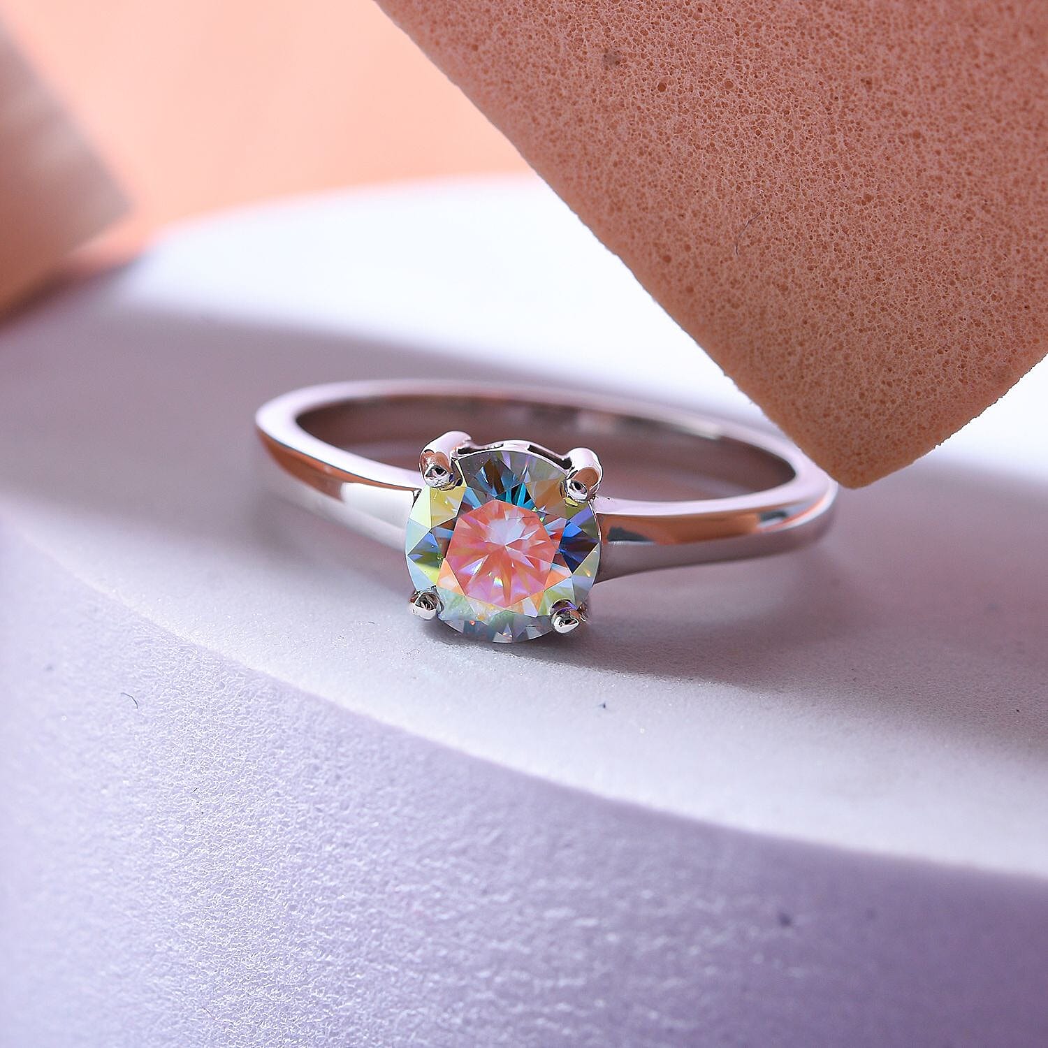 Dichroic Mist Moissanite Solitaire Ring in Rhodium Overlay Sterling Silver