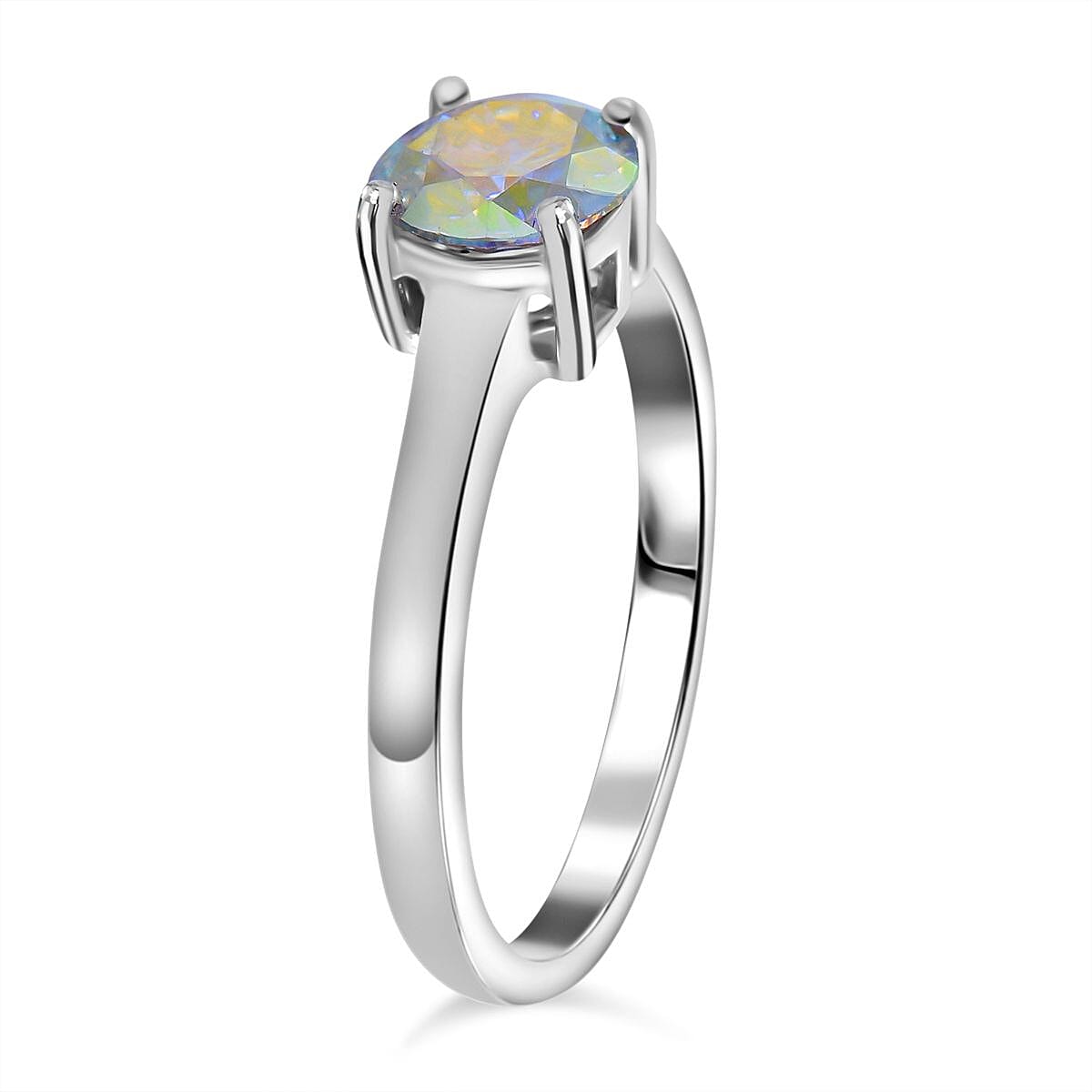 Dichroic Mist Moissanite Solitaire Ring in Rhodium Overlay Sterling Silver