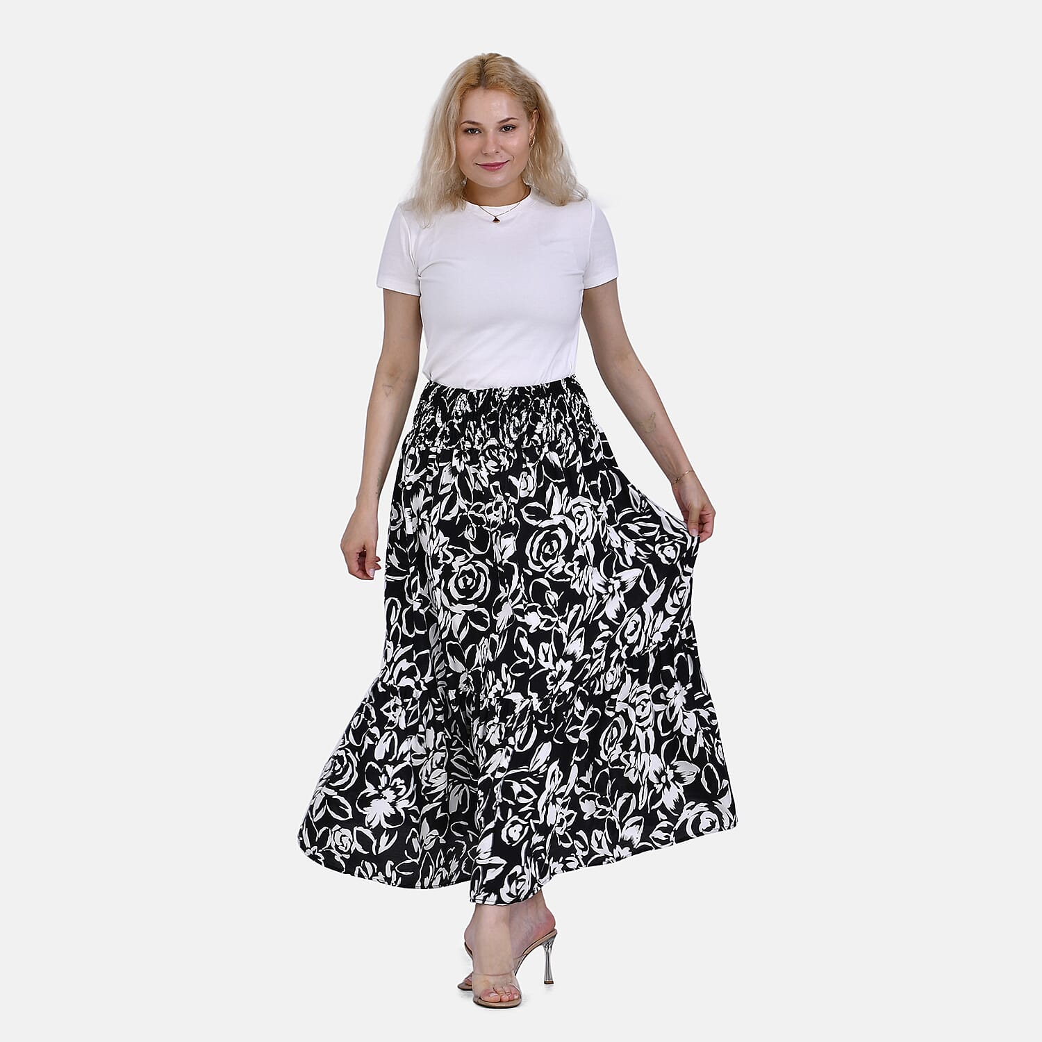 TAMSY 100% Viscose Elastic Waist Summer Floral Print Maxi Skirt (One Size) - Black