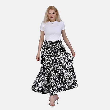 TAMSY 100% Viscose Elastic Waist Summer Floral Print Maxi Skirt (One Size) - Black