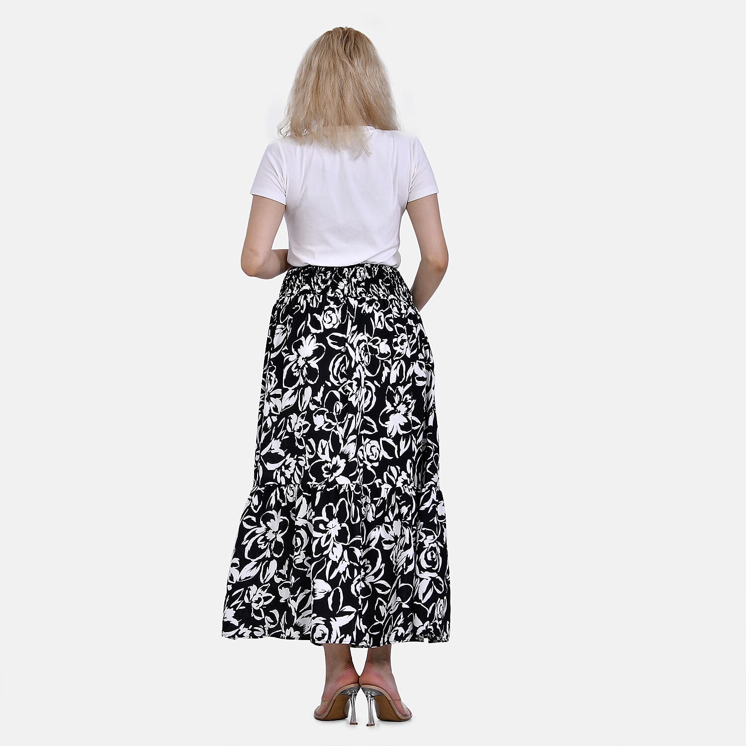 TAMSY 100% Viscose Elastic Waist Summer Floral Print Maxi Skirt (One Size) - Black