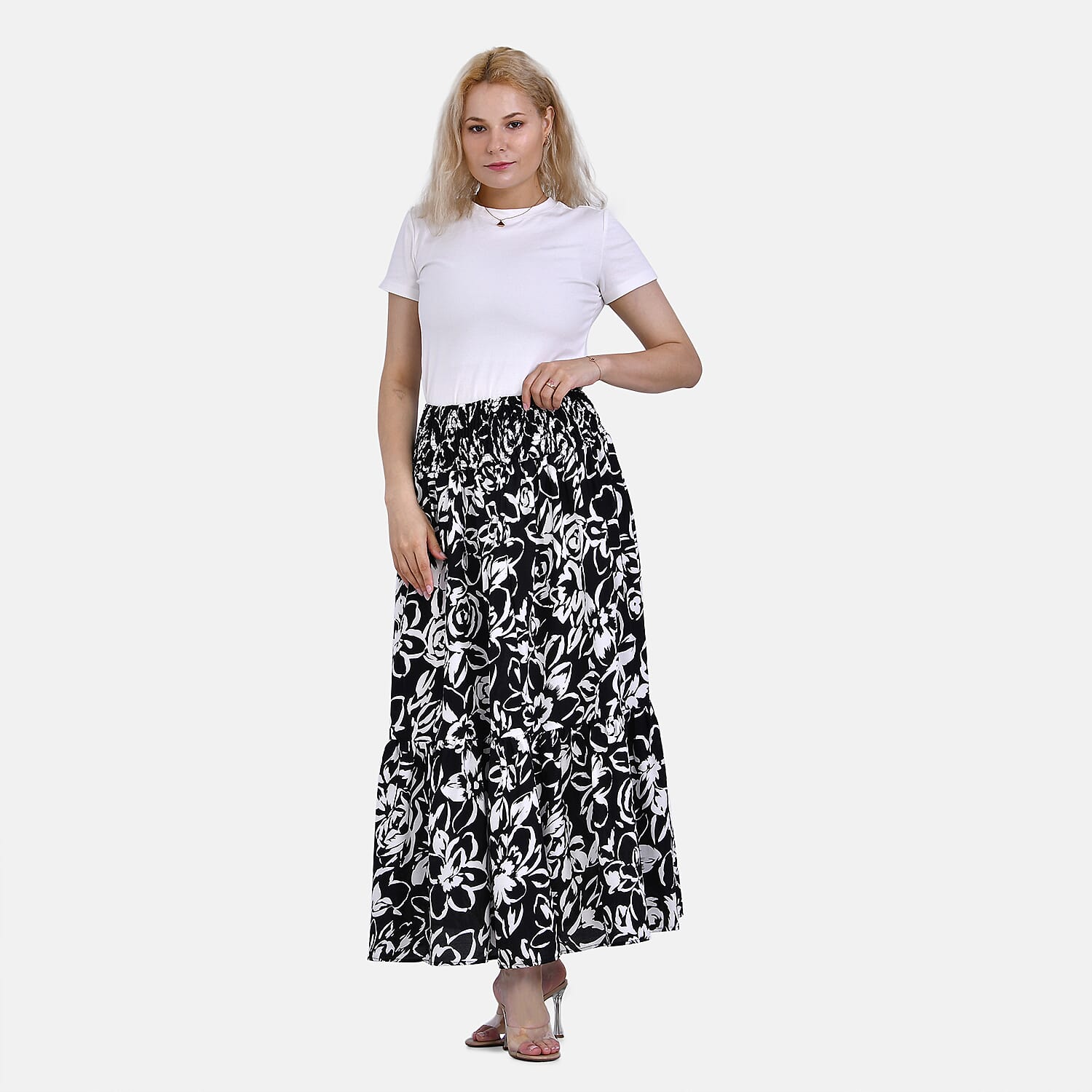 TAMSY 100% Viscose Elastic Waist Summer Floral Print Maxi Skirt (One Size) - Black