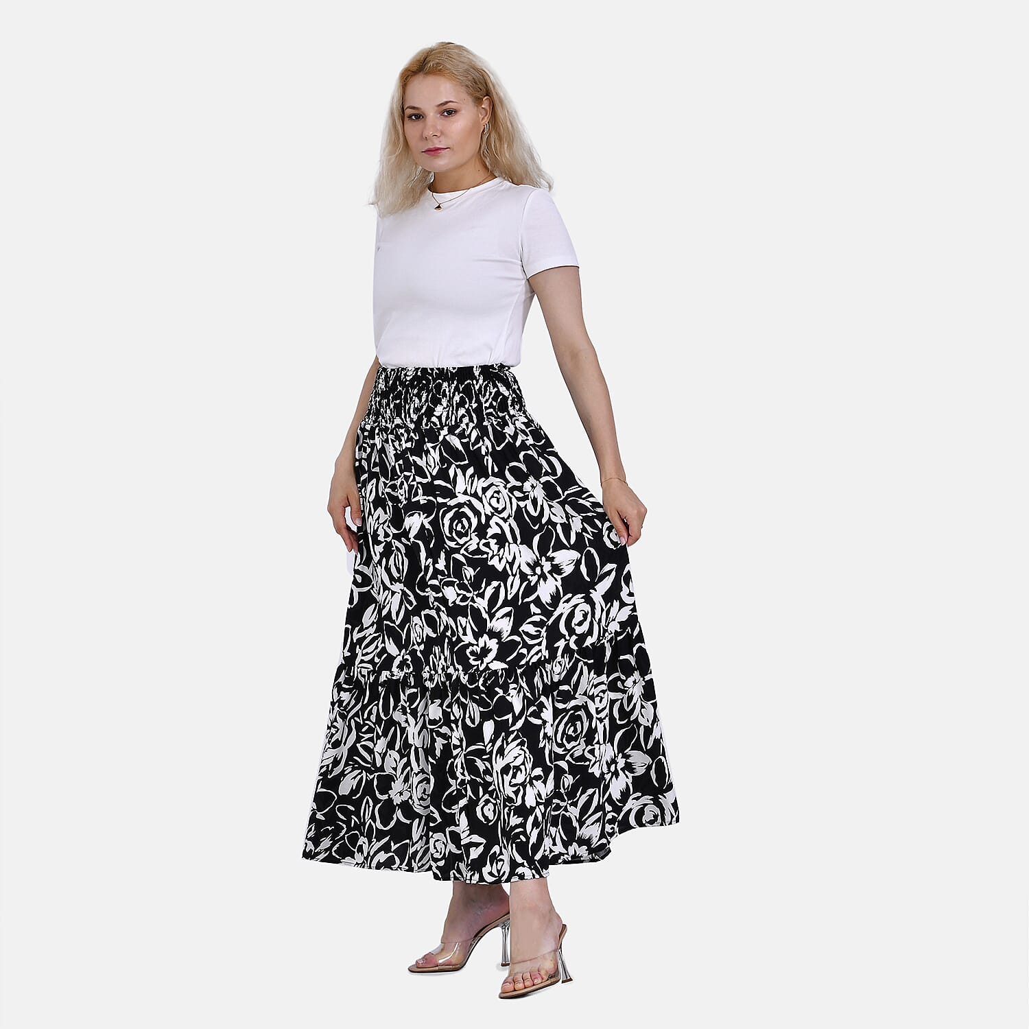 TAMSY 100% Viscose Elastic Waist Summer Floral Print Maxi Skirt (One Size) - Black