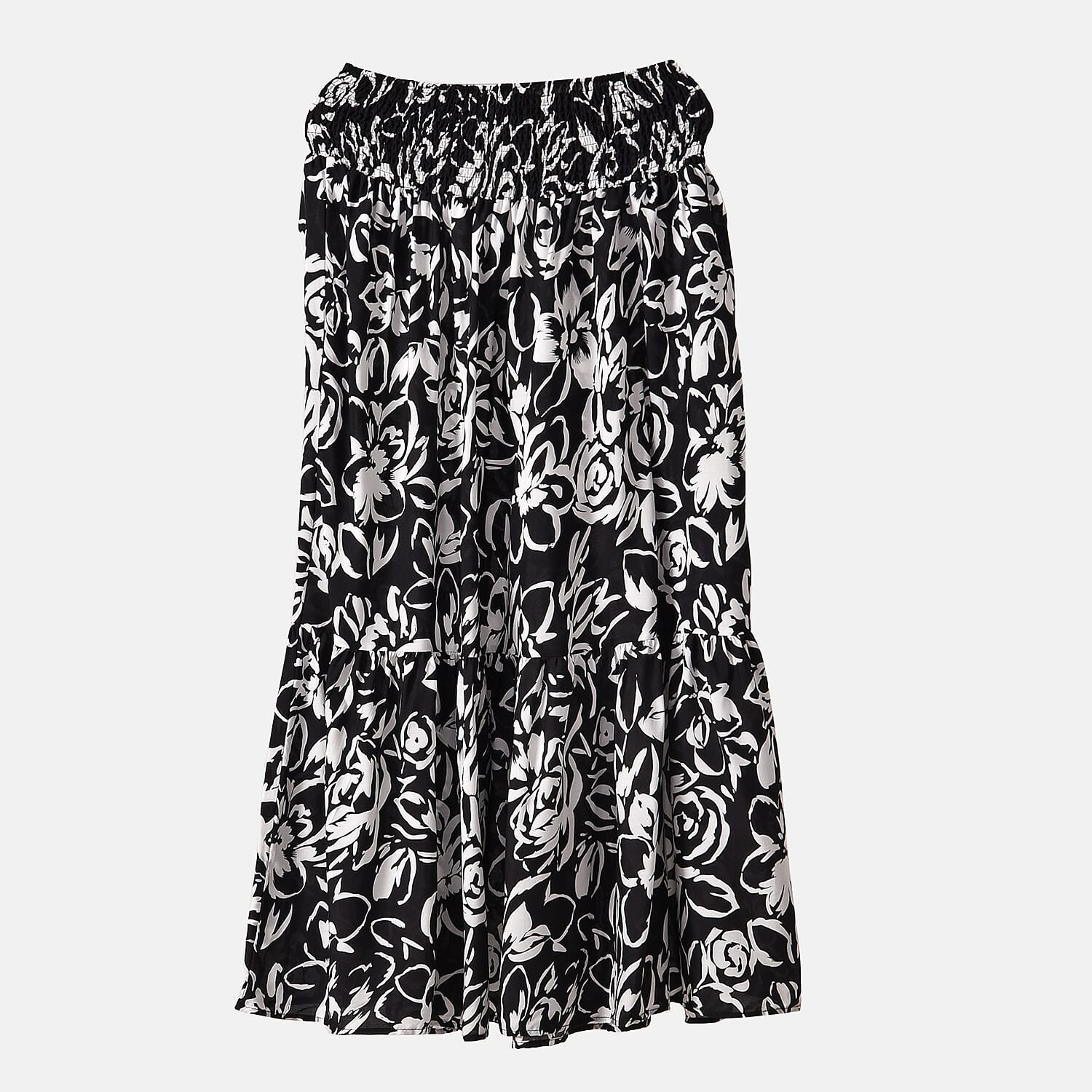 TAMSY 100% Viscose Elastic Waist Summer Floral Print Maxi Skirt (One Size) - Black