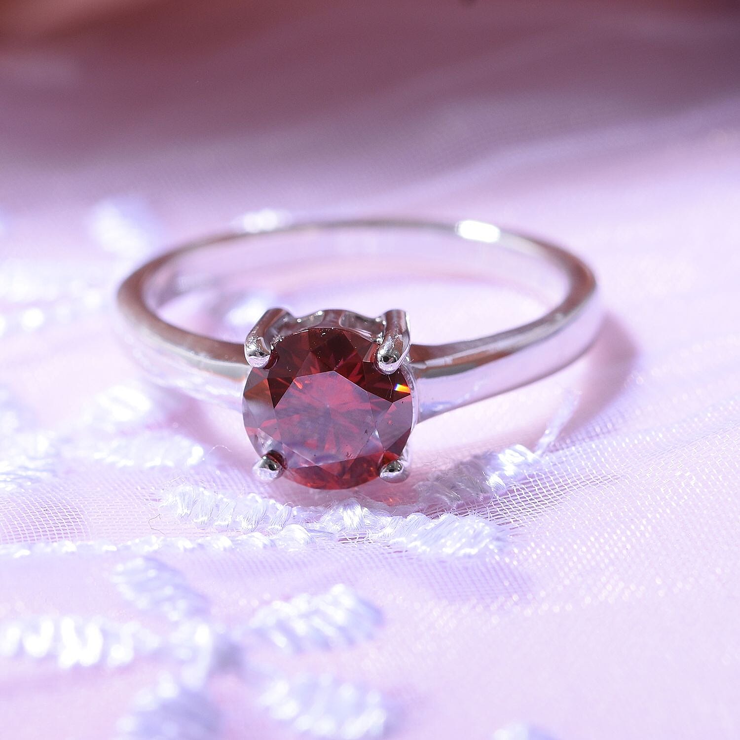 Luxury Red Moissanite Solitaire Ring in Rhodium Overlay Sterling Silver