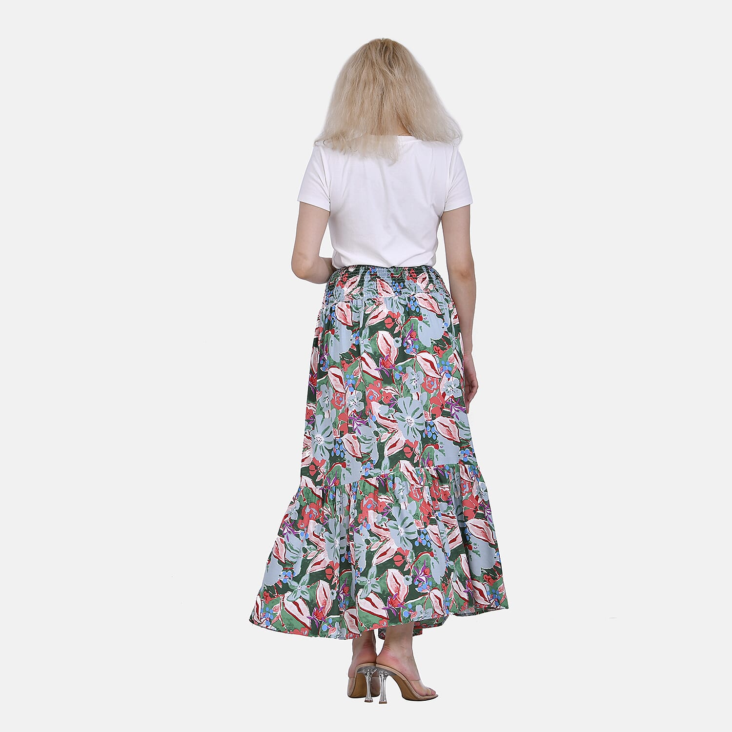 TAMSY 100% Viscose Elastic Waist Summer Floral Print Maxi Skirt (One Size) - Green