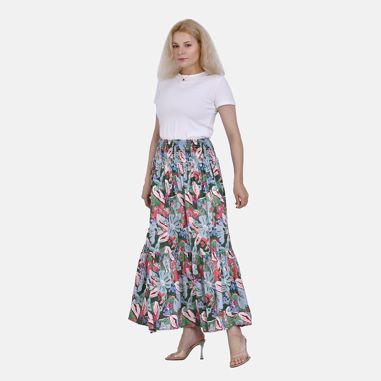 TAMSY 100% Viscose Elastic Waist Summer Floral Print Maxi Skirt (One Size) - Green