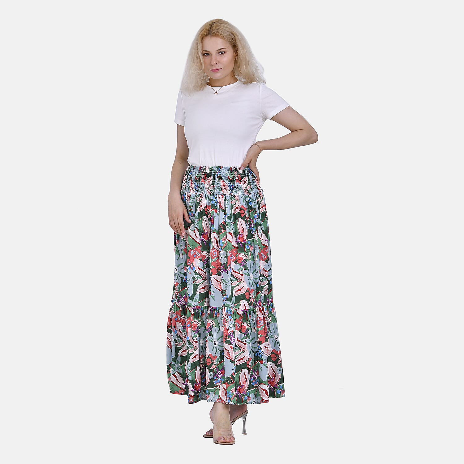 TAMSY 100% Viscose Elastic Waist Summer Floral Print Maxi Skirt (One Size) - Green