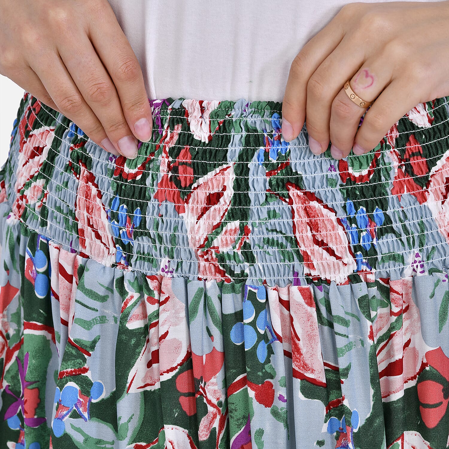 TAMSY 100% Viscose Elastic Waist Summer Floral Print Maxi Skirt (One Size) - Green