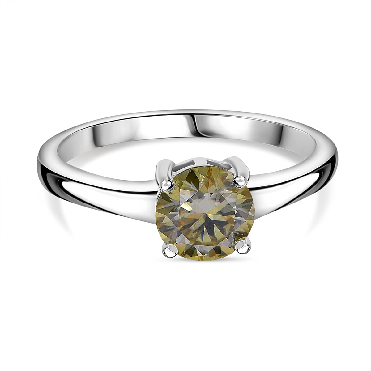 Light Yellow Moissanite Solitaire Ring in Rhodium Overlay Sterling Silver