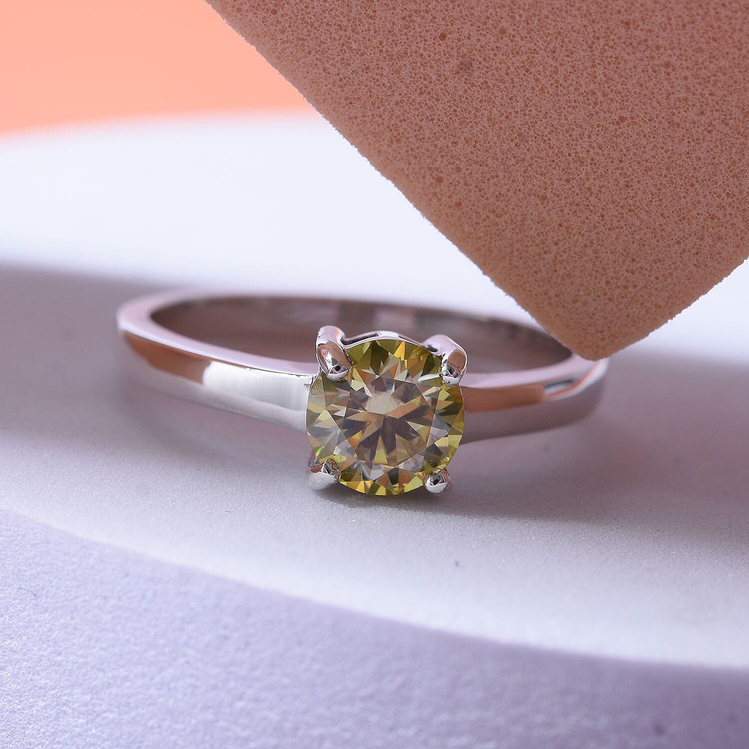 Light Yellow Moissanite Solitaire Ring in Rhodium Overlay Sterling Silver