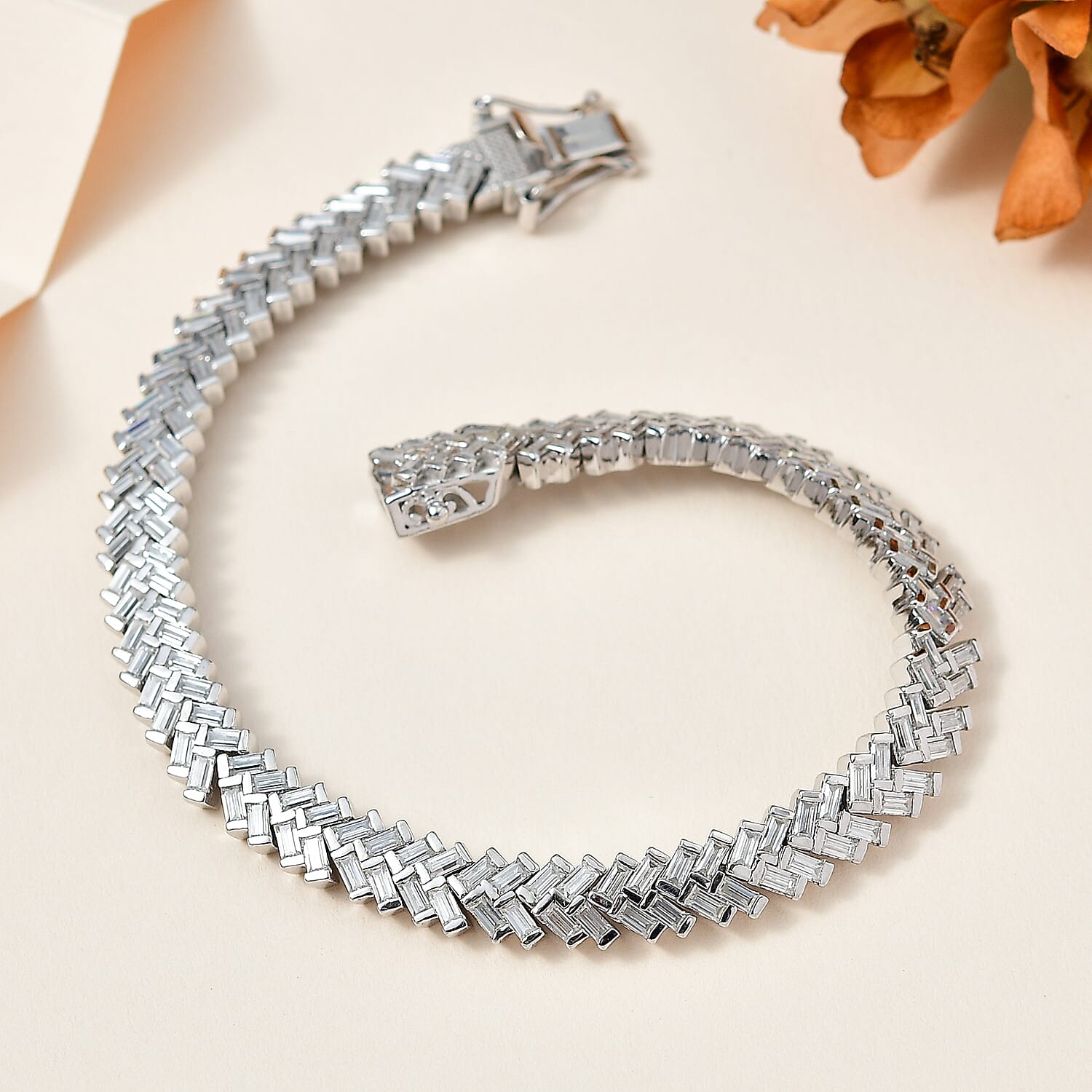 Moissanite Legacy Tennis Bracelet (Size - 7.5) in Platinum Overlay Sterling Silver 7.65 Ct, Silver Wt. 21.28 Gms.