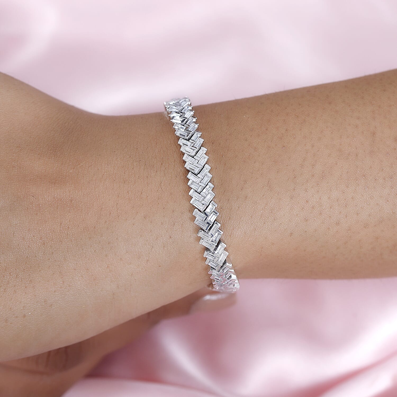 Moissanite Legacy Tennis Bracelet (Size - 7.5) in Platinum Overlay Sterling Silver 7.65 Ct, Silver Wt. 21.28 Gms.