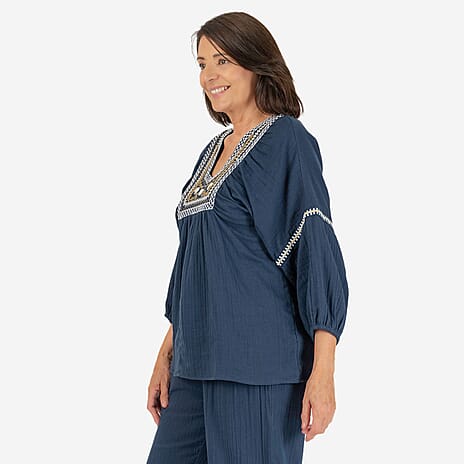 100% Cotton Tamsy Embroiderd Gauze Top Size S (8-10)- Navy