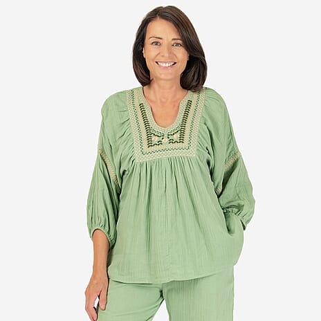 100% Cotton Tamsy Embroiderd Gauze Top Size M (12-14) - Green