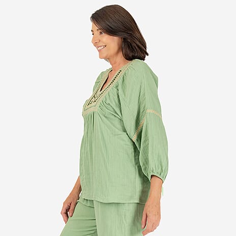 100% Cotton Tamsy Embroiderd Gauze Top Size M (12-14) - Green