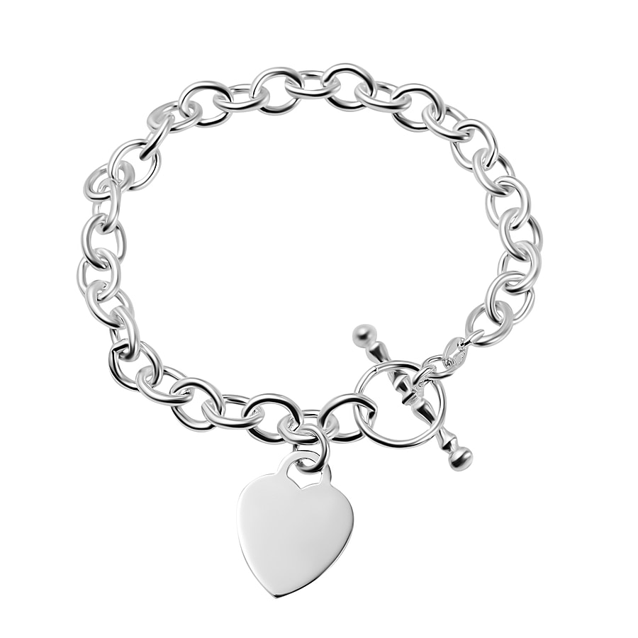 Sterling Silver Oval Belcher Heart Bracelet (Size - 7.5),