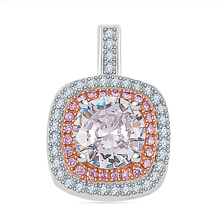 White and Pink Cubic Zirconia Halo Pendant in Two Tone Sterling Silver