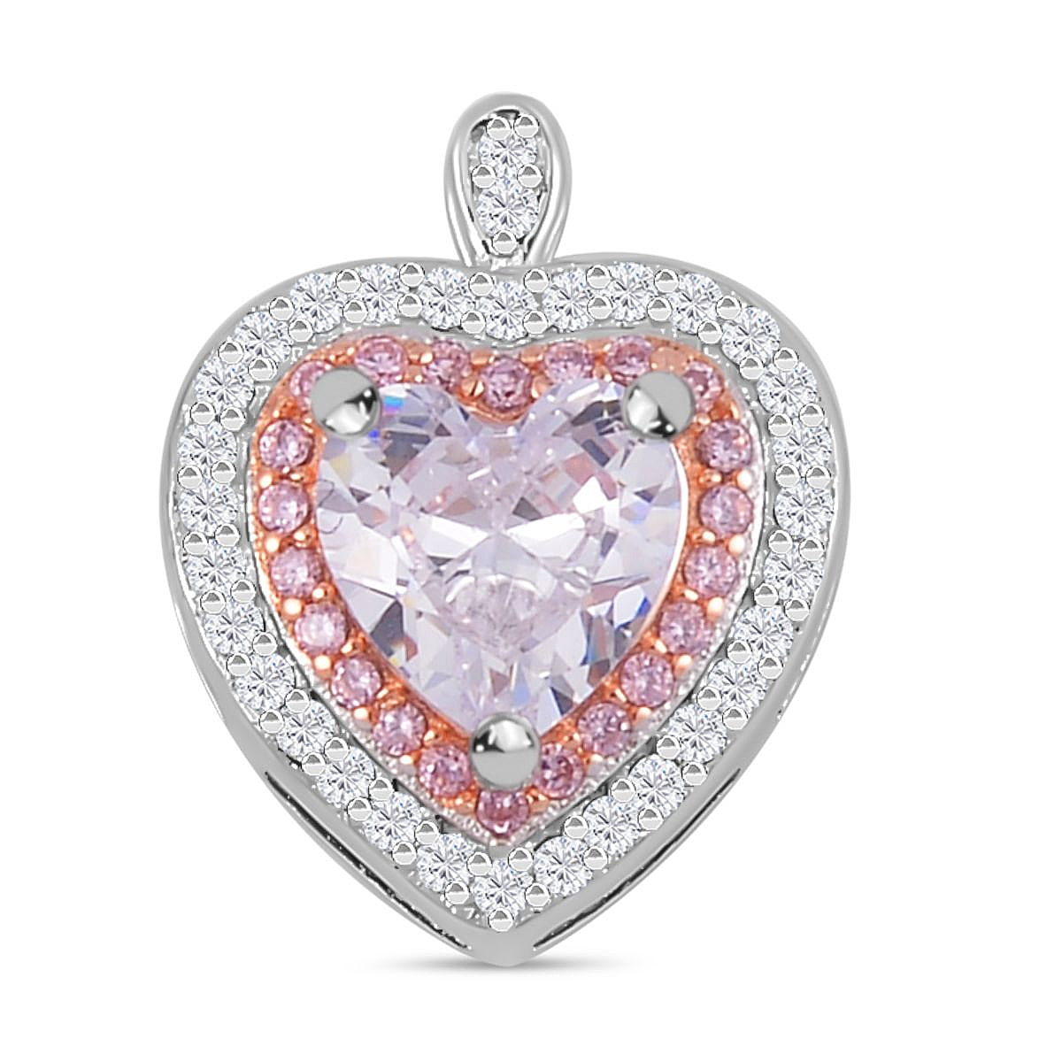 White & Pink Cubic Zirconia Heart Pendant in Two Tone Sterling Silver