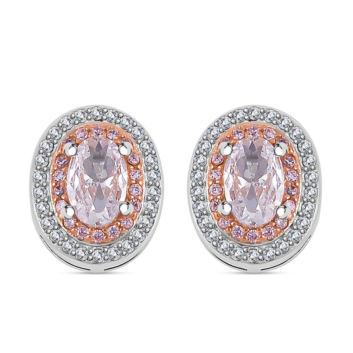 White Cubic Zirconia, Pink Cubic Zirconia Double Halo Earrings in Sterling Silver 2.040  Ct.
