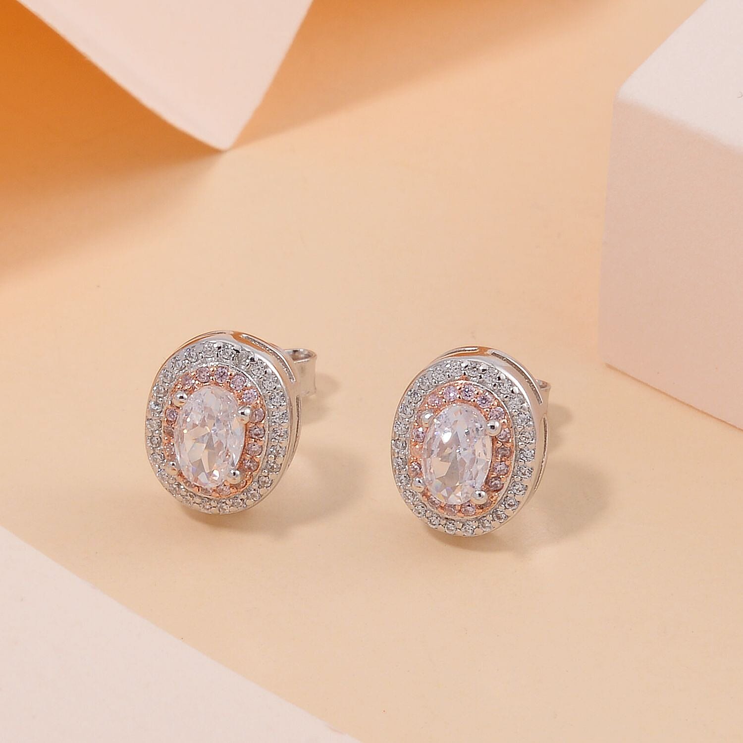 NY Close Out Deal -White & Pink Cubic Zirconia Stud Earrings in Sterling Silver 2.04 Ct