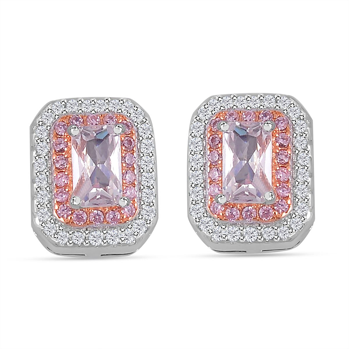 White Cubic Zirconia, Pink Cubic Zirconia Double Halo Earrings in Sterling Silver 1.840  Ct.