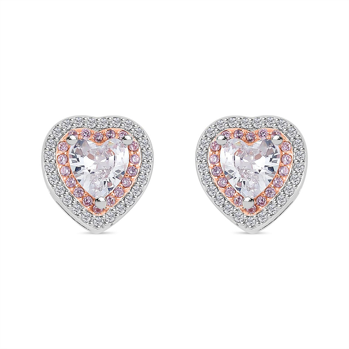 White Cubic Zirconia, Pink Cubic Zirconia Heart Earrings in Sterling Silver 2.370  Ct.