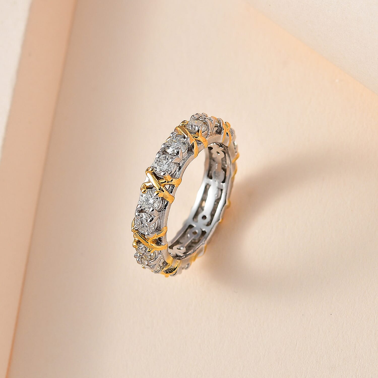 Designer Inspired Moissanite Criss Cross Ring in 18K Yellow Gold Vermeil & Platinum Plated Sterling Silver