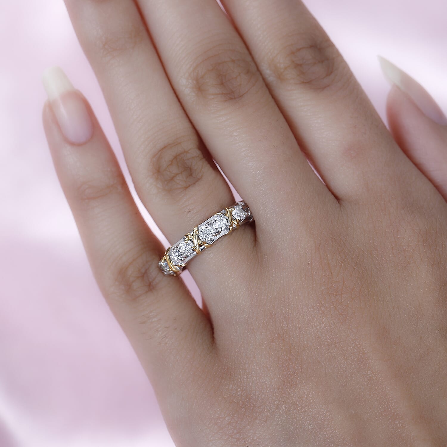 Designer Inspired Moissanite Criss Cross Ring in 18K Yellow Gold Vermeil & Platinum Plated Sterling Silver