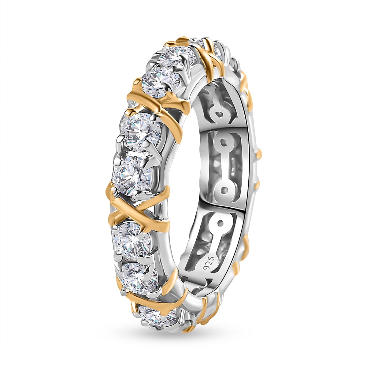 Designer Inspired Moissanite Criss Cross Ring in 18K Yellow Gold Vermeil & Platinum Plated Sterling Silver