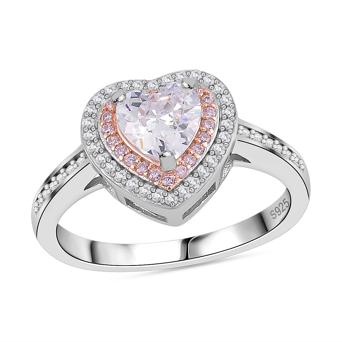 White & Pink Cubic Zirconia Heart Ring in Two Tone Plated Sterling Silver