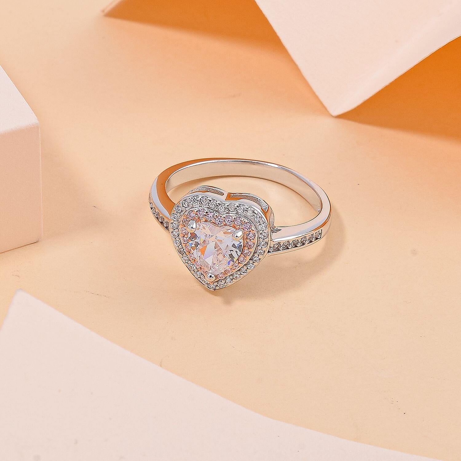 NY Close Out Deal - White & Pink Cubic Zirconia Heart Ring in Two Tone Plated Sterling Silver