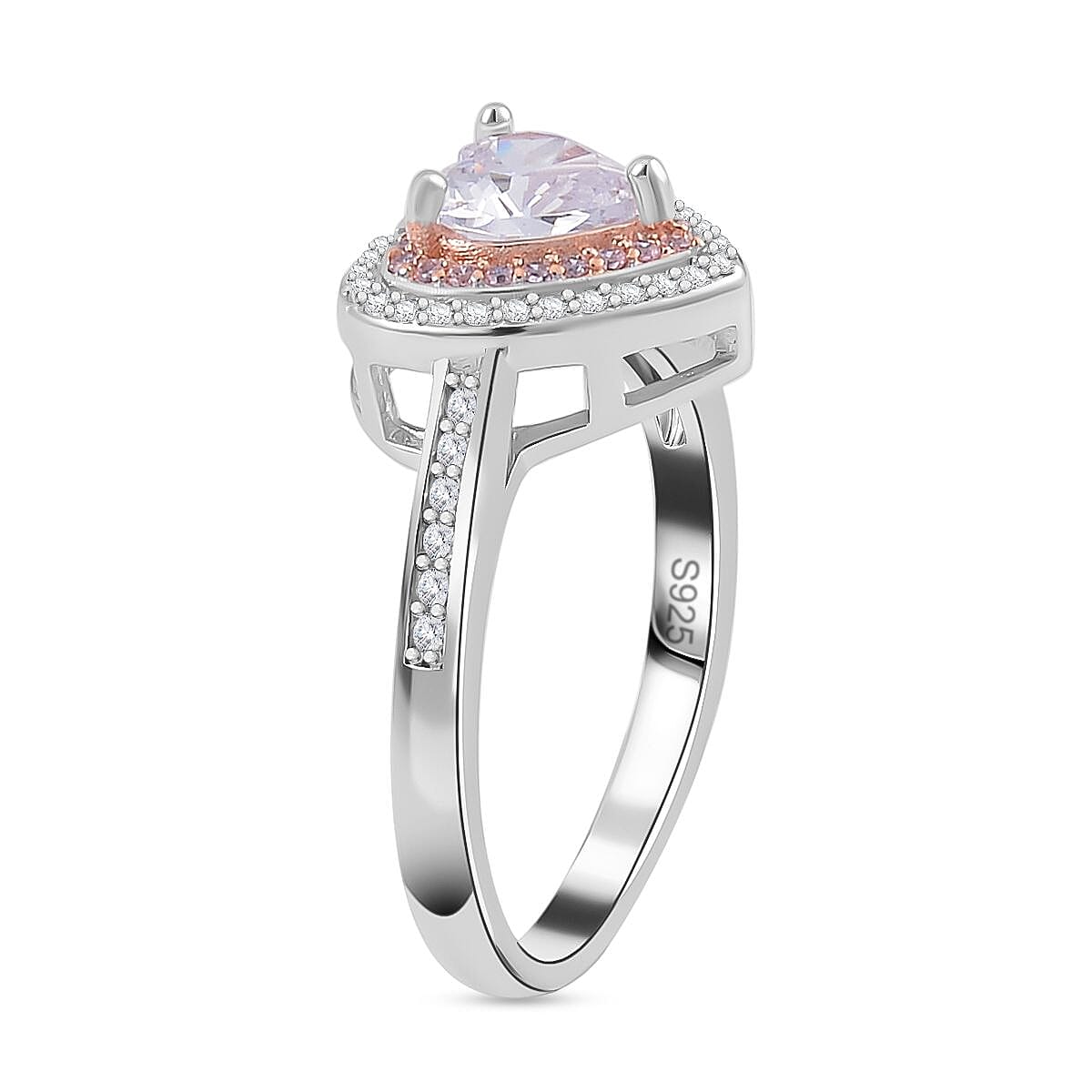 NY Close Out Deal - White & Pink Cubic Zirconia Heart Ring in Two Tone Plated Sterling Silver